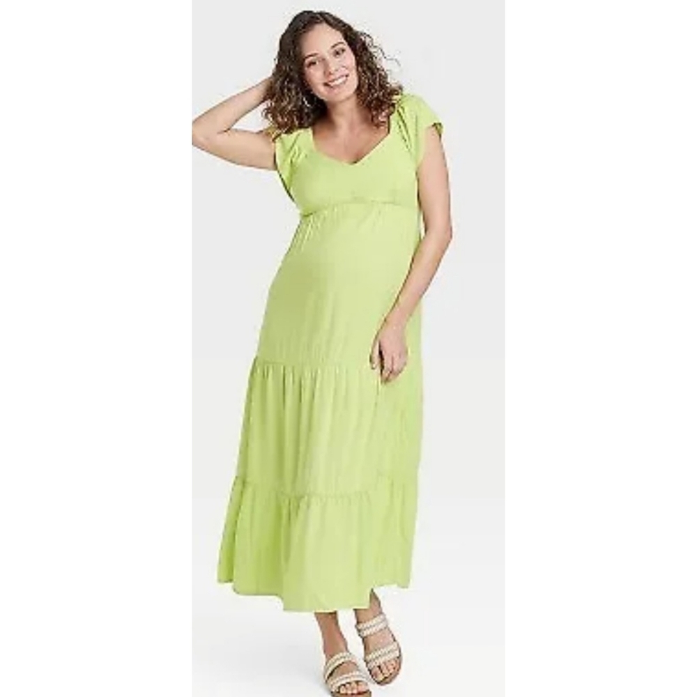 Isabel maternity Flutter Short Sleeve Tiered dress Lime Green Size XL